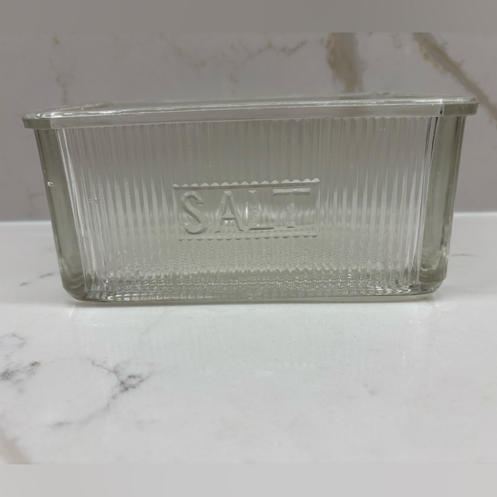 Vintage Glass Salt Box Hoosier Cabinet Glassware Ribbed Clear Rectangle Dish